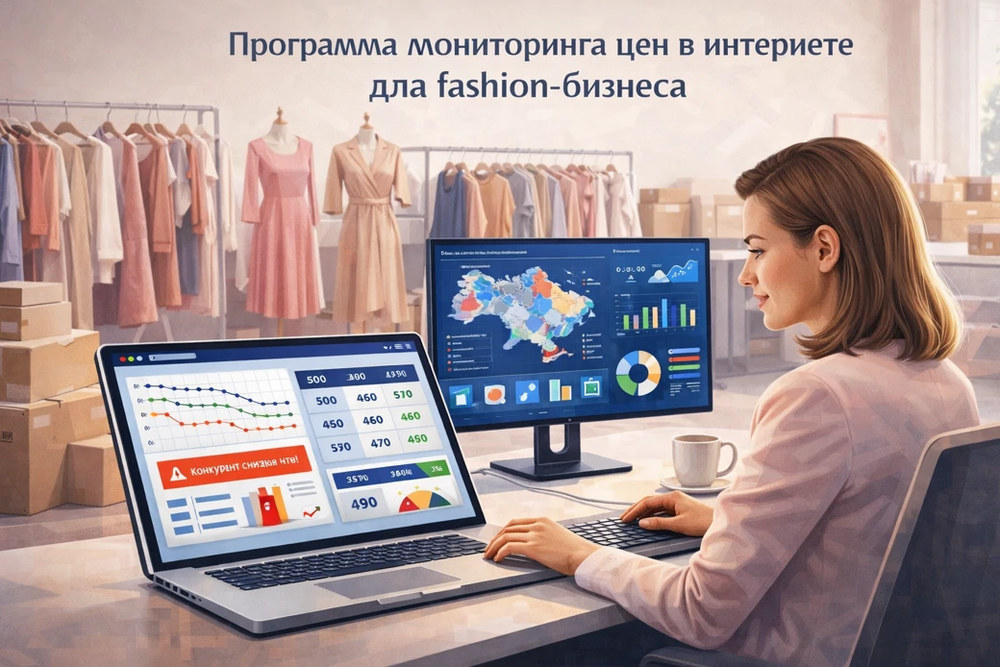 Бренд-менеджер fashion e-commerce анализирует мониторинг цен: графики, таблицы конкурентов и уведомления о демпинге.